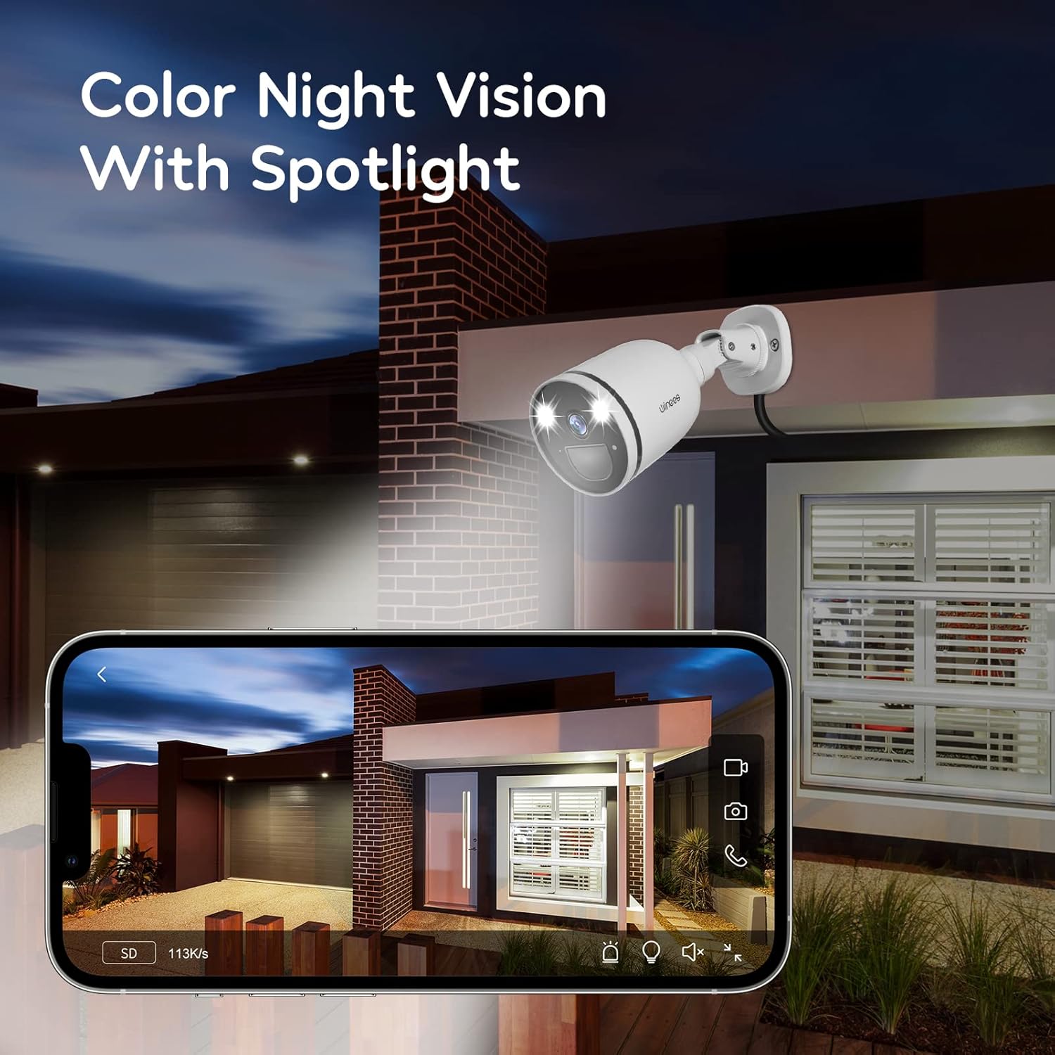 Winees camera mounted on a house at night with spotlight on, phone showing color night vision feed