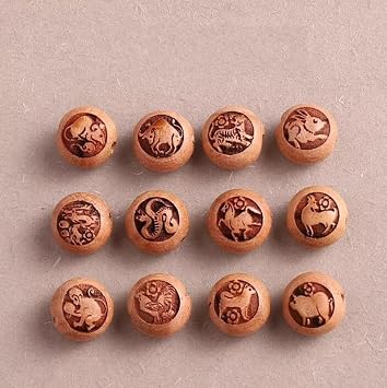 Feng Shui Peach Wood Beads,Chinese Zodiac Animals Carving Beads Lucky Wealthy Beads Chinese Spacer Bead for Men and Women Attract Good Luck Money Rosary,12pcs/Set