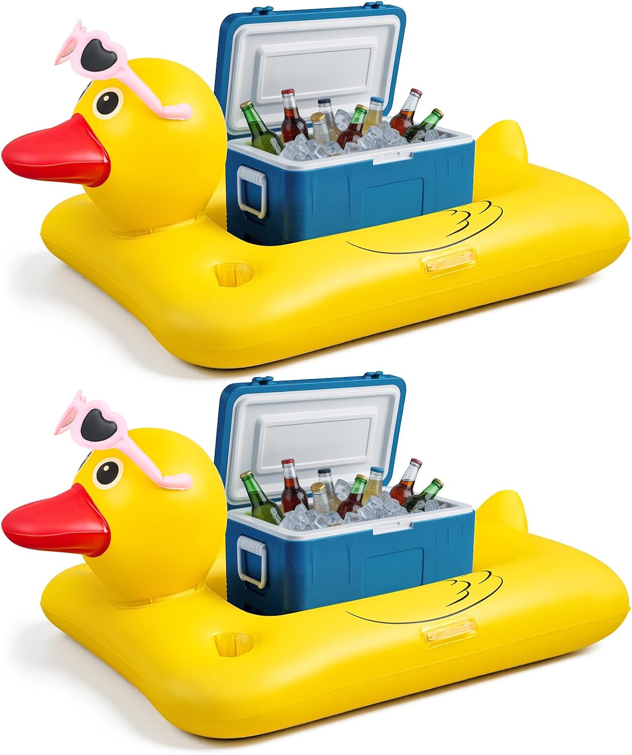 2 Pcs Inflatable Duck Floating Drink Cooler, 40 x 34 Inflatable Floating Coolers Raft River Cooler Float with Cup Holders Fits 25-45 Qt Coolers, Beverage Holder for Pool, Lake Use