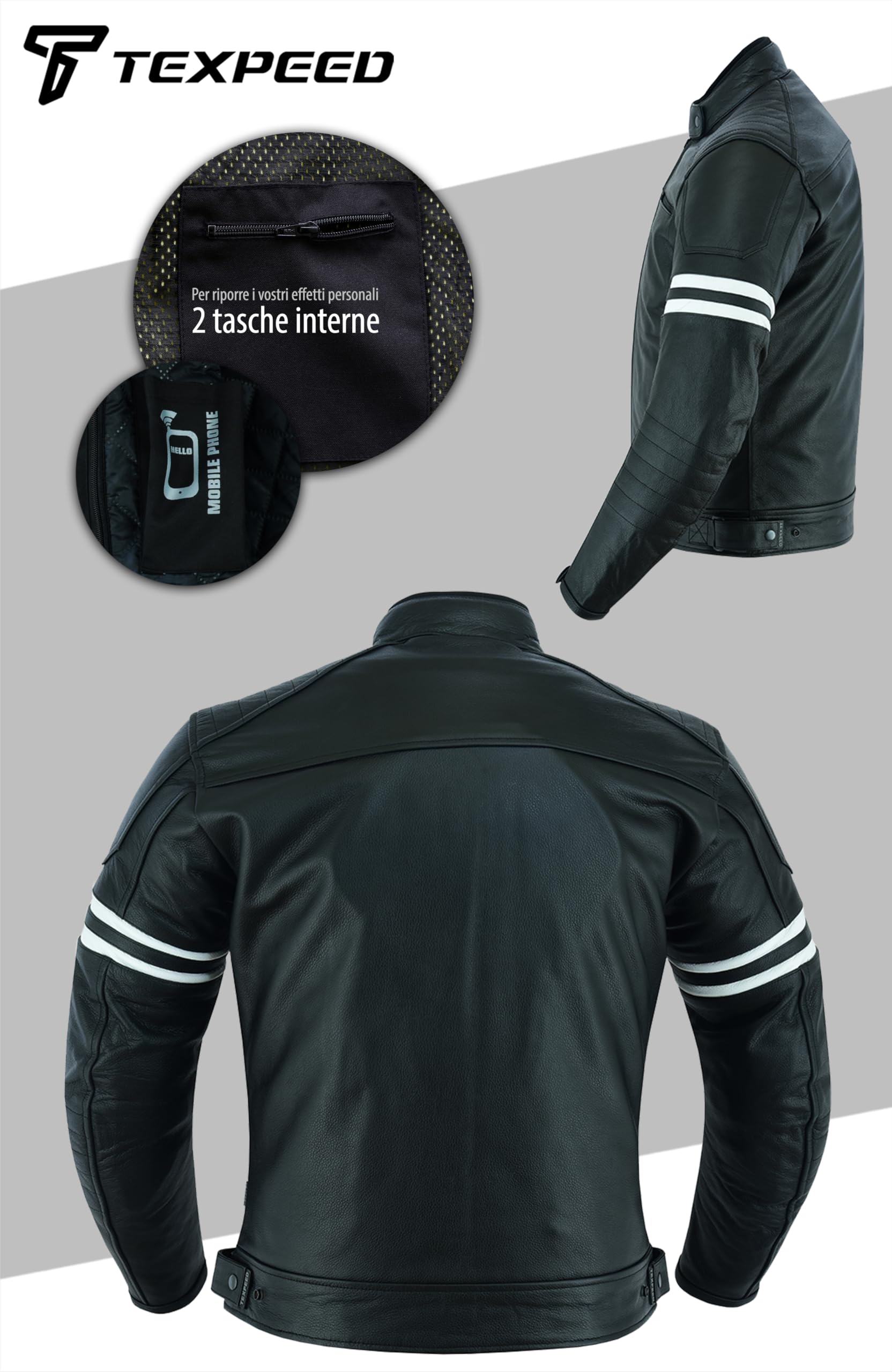 Texpeed Giacca da motociclista in pelle da uomo Giacca da motociclista da turismo con armatura CE da motociclista originale (EN 1621-1) - Design Café Racer - Nero con striscia bianca - 5XL