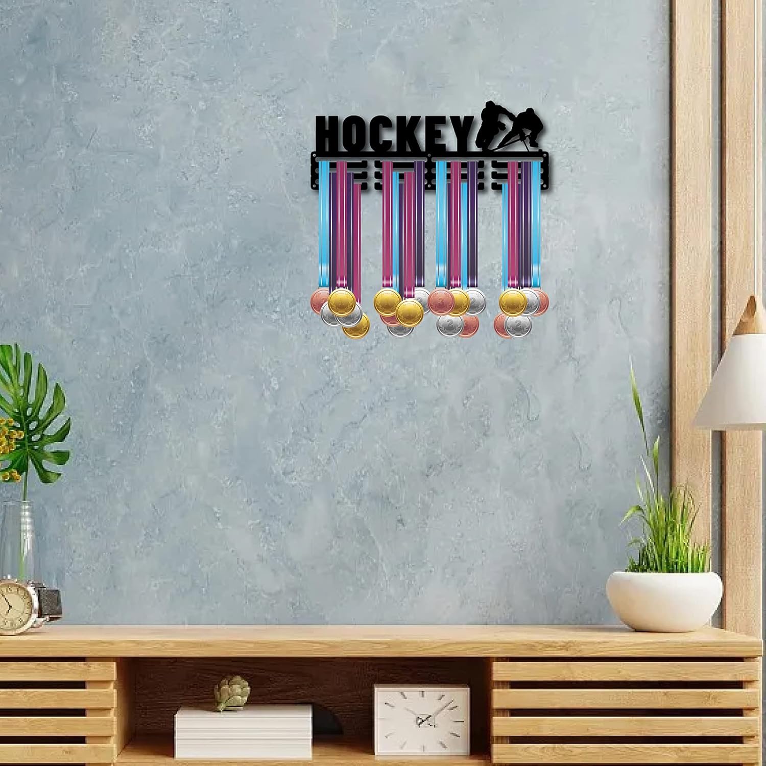 CREATCABIN Hockey Medal Holder Sport Medals Hanger Athlete Awards Display Wall Rack Mount Decor Black Iron Metal Hanging for Home Badge Running Soccer Swimming Medalist Over 60 Medals 15.7 x 5.9 Inch