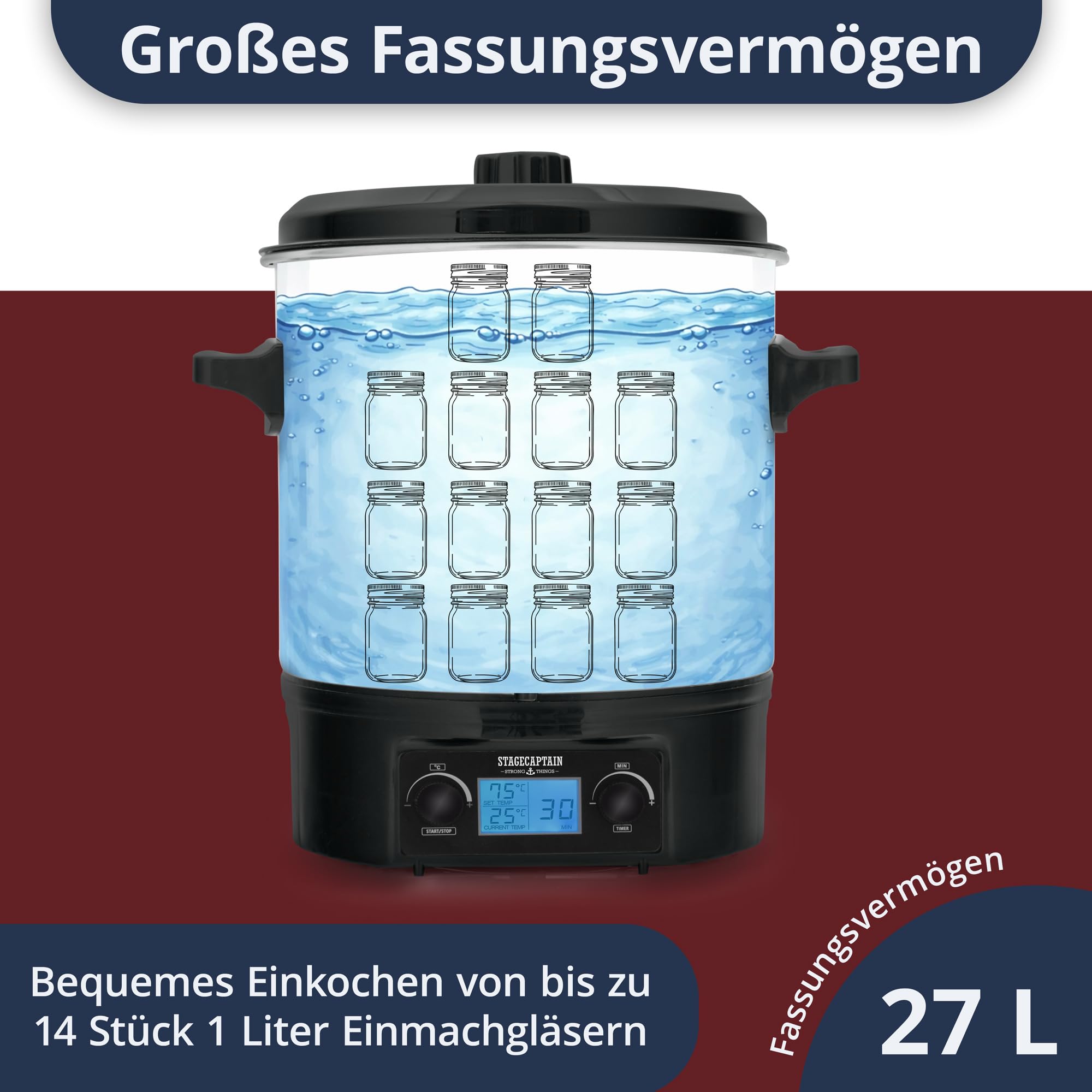 Stagecaptain GWK-27D Glühweinkocher - Digitaler Einkochautomat mit 27 Liter - LCD-Anzeige - 2000 Watt - Edelstahl - Einfache Bedienung (Temperatur und Zeitschaltuhr) - Abschaltautomatik - Silber