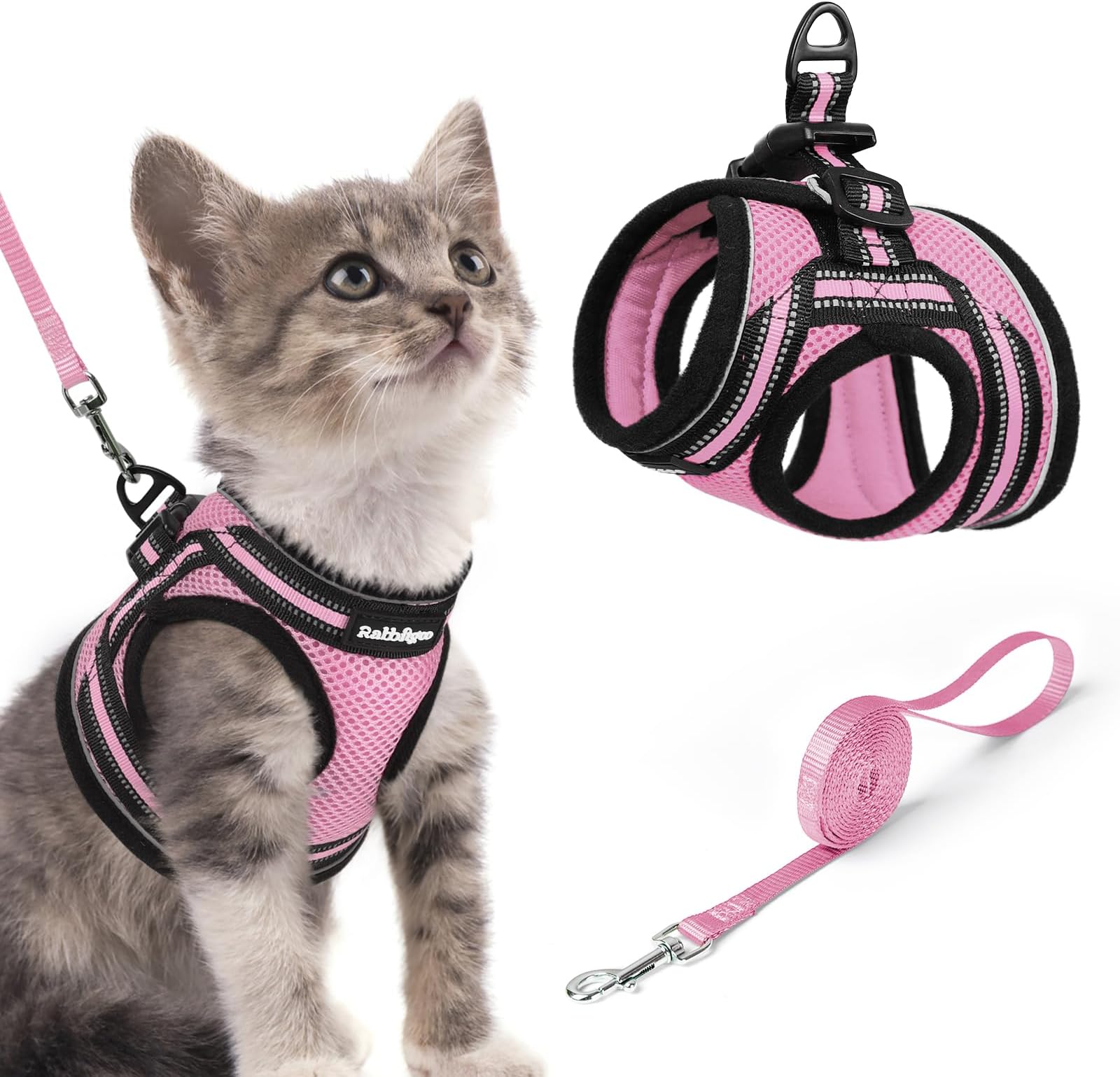rabbitgoo Cat Harness and Leash Set for Walking Escape Proof, Adjustable Soft Kittens Vest with Reflective Strip for Extra Small Cats, Comfortable Choke-Proof Outdoor Vest Harness, Pink, S