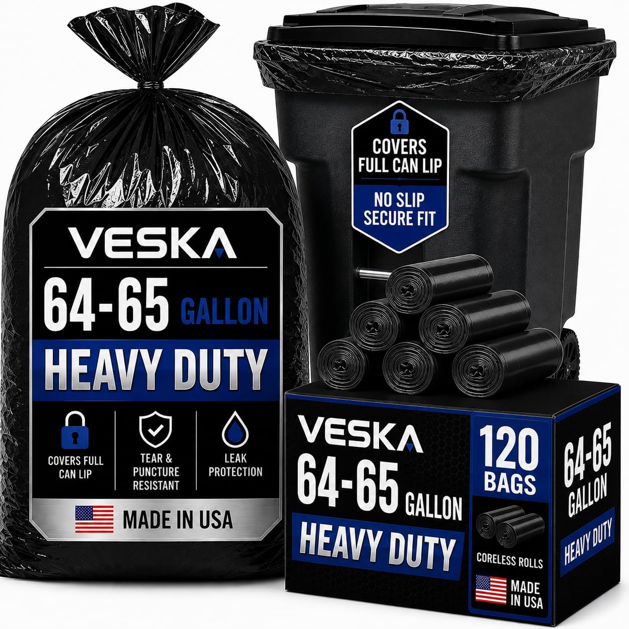 Veska 65 Gallon Trash Bags Heavy Duty | 120 Count | 64 Gallon Trash Bags for Toter - Large Garbage Bag 70 Gallon