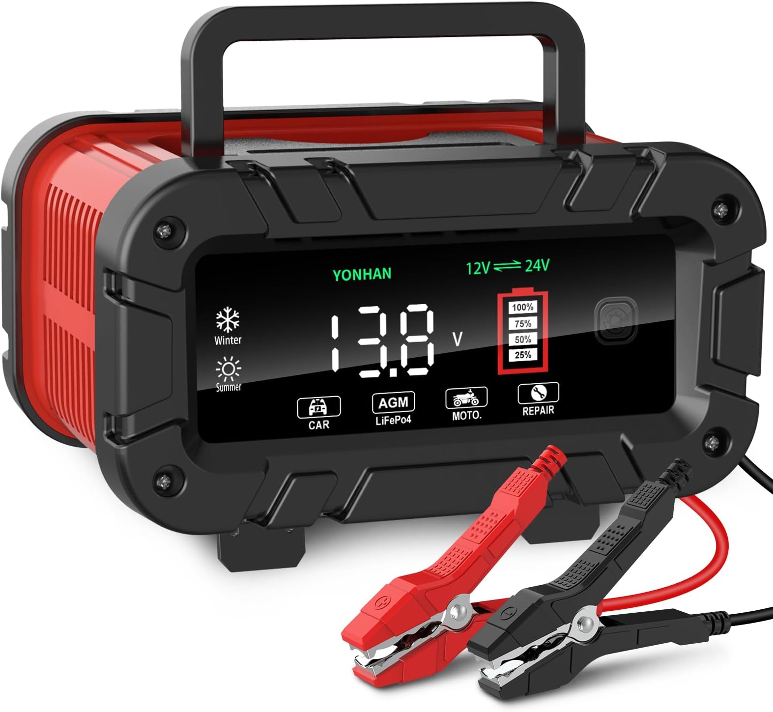 YONHAN Battery Charger 0-10 Amp, Upgraded 12V/24V LiFePO4 Lead Acid Car Battery Charger w/Large Display Screen, Fully-Automatic Smart Trickle Charger Automotive, Battery Maintainer