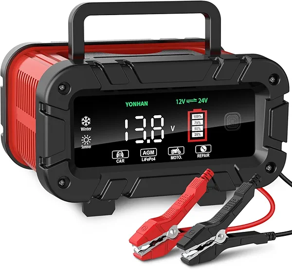 YONHAN Battery Charger 0-10 Amp, Upgraded 12V/24V LiFePO4 Lead Acid Car Battery Charger w/Large Display Screen, Fully-Automatic Smart Trickle Charger Automotive, Battery Maintainer