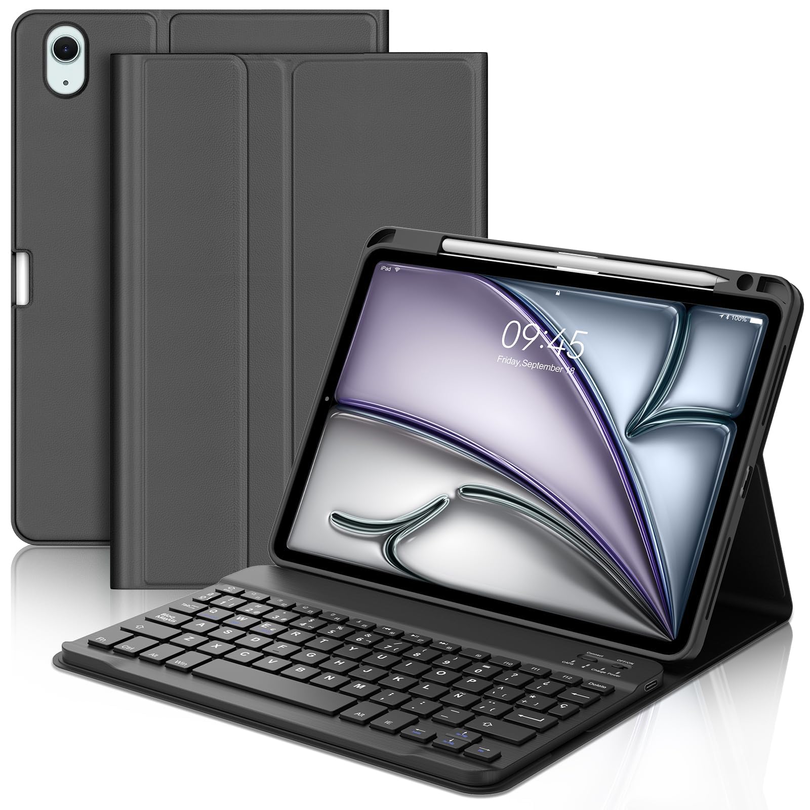 Funda con Teclado para iPad Air 11 Pulgadas(M3 2025, M2 2024), Teclado Bluetooth Inalámbrico con Funda Protectora Delgada y Ranura para Bolígrafo para iPad Air 10.9 Pulgadas(5ª Gen/4ª Gen), Negro