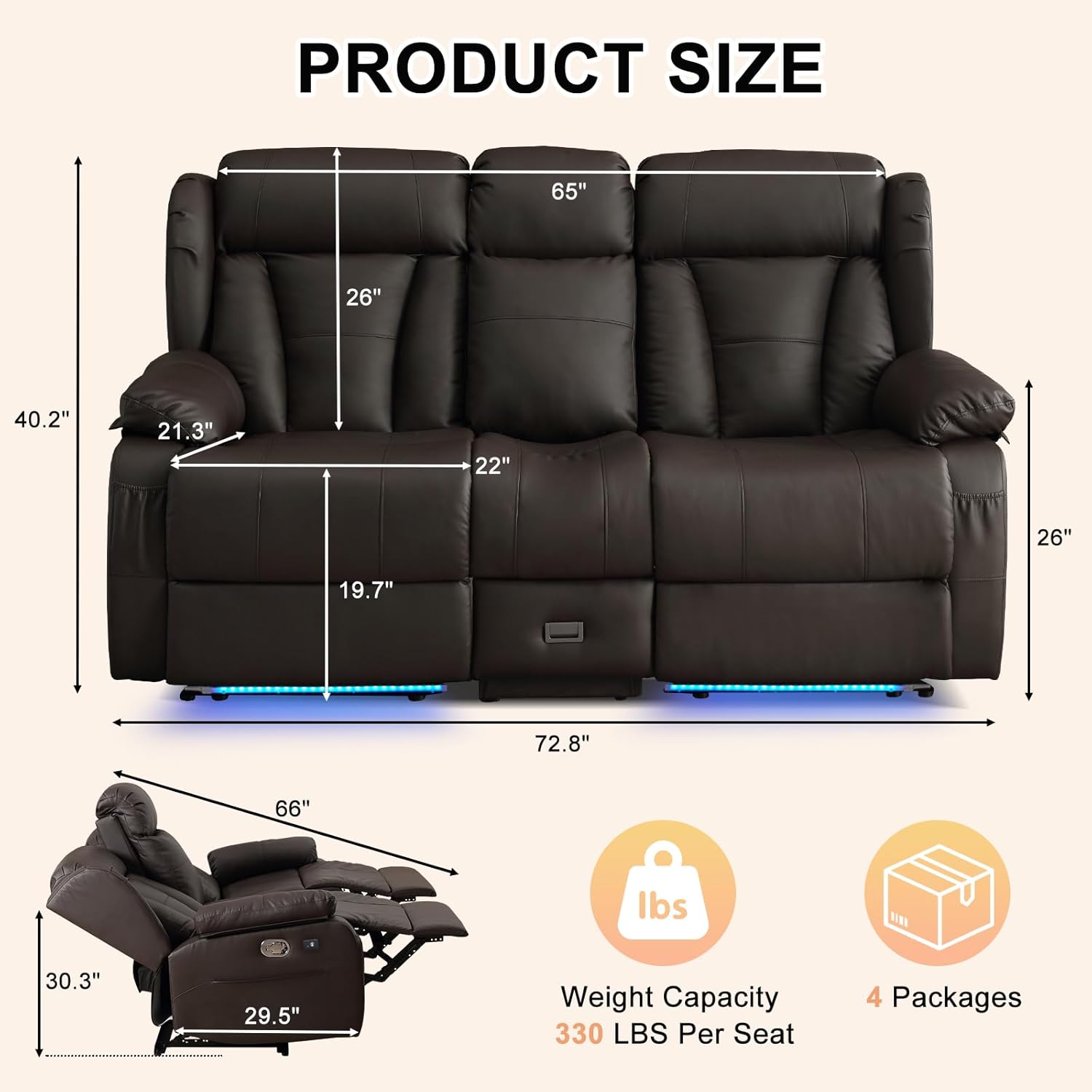 Loveseat Recliner Sofa, RV Recliner Couch, Manual Reclining Loveseat with Console for Living Room, Home Theater Seating with AC/USB C/USB LED Light Drawer (Brown, Loveseat with Console)