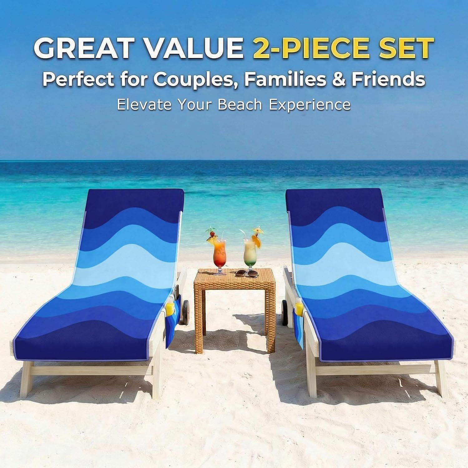 Lounge Chaise Chair Towel Covers (Pack of 2), Beach Chair Cover with 3 Pockets for Pool Outdoor Beach Garden Patio Trips,85 X30 in (Blue Waves)