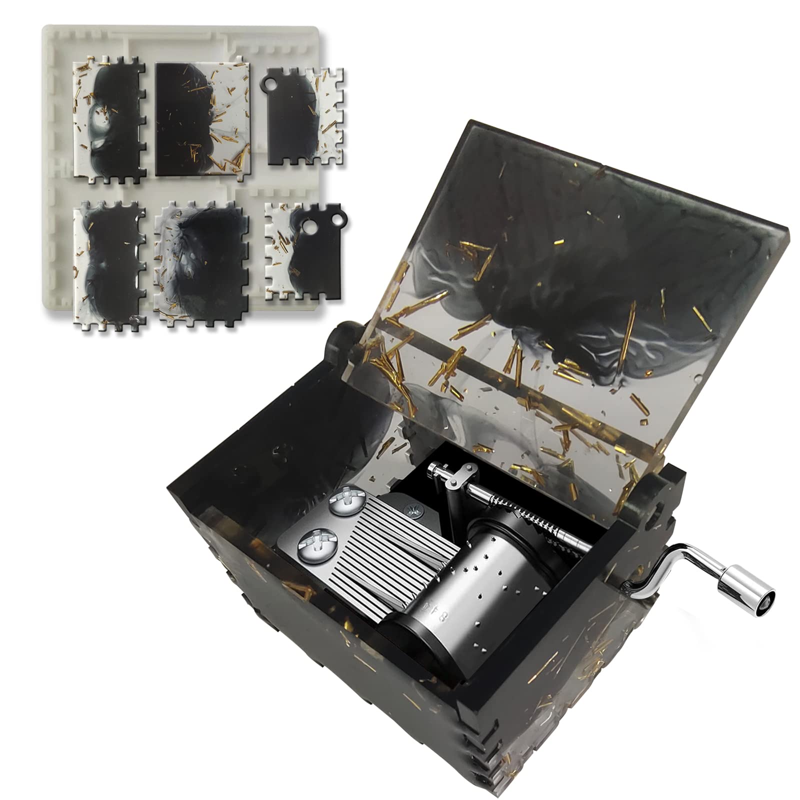 Music Box Resin Molds with Musical Mechanism Movement DIY Hand Crank Music Box Mold Small Storage Box Silicone Resin Molds Epoxy Mold Silicone for Casting Mold Ring Earrings Small Objects DIY Gift Box