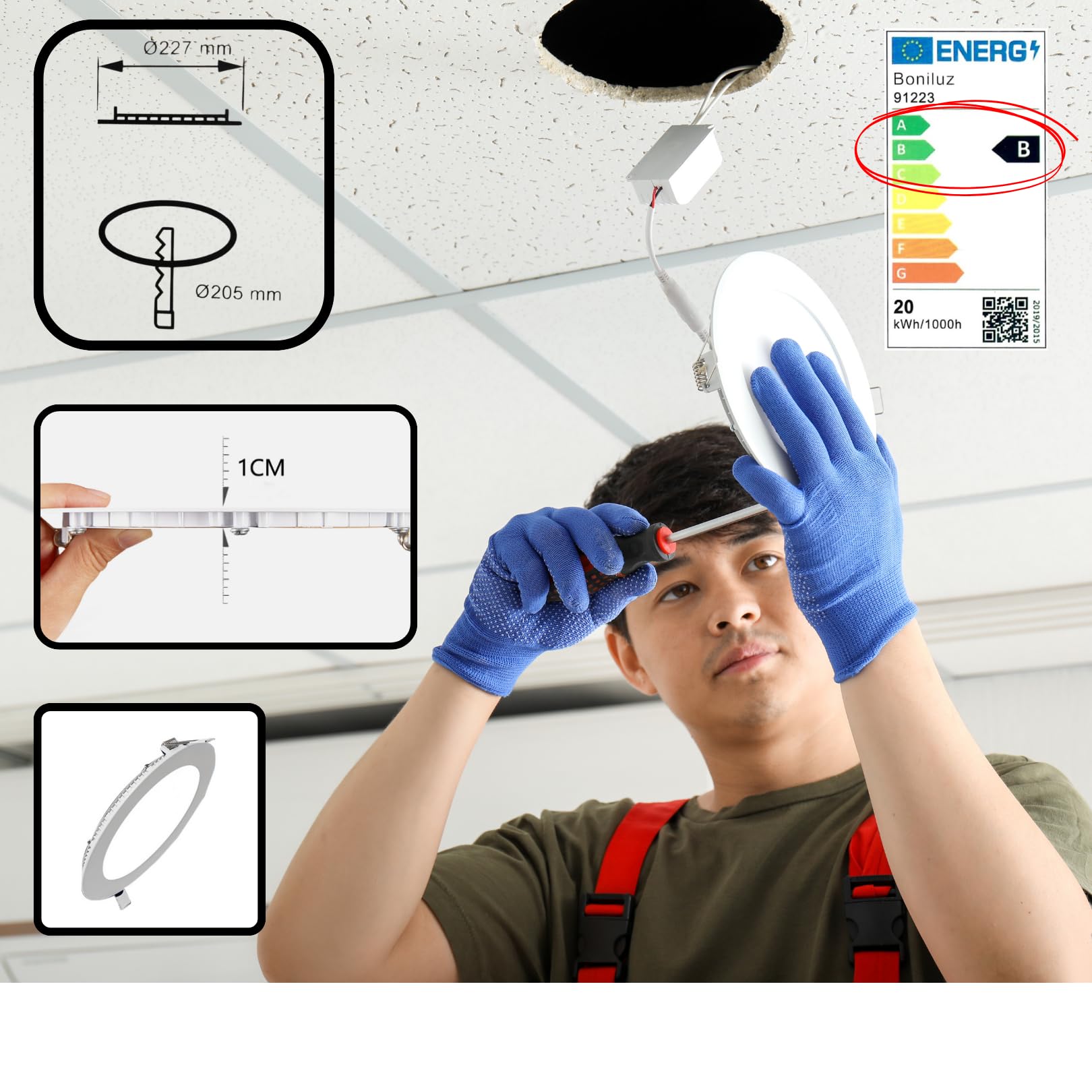 QWell® - 5 X Panel Downlight LED Redondo 20W | 20 cm. | 2200 LM 6000K | Extraplano Empotrar en Techo | Eficiencia Energética Clase B | Vida útil 50,000 Hrs | Driver Incluido