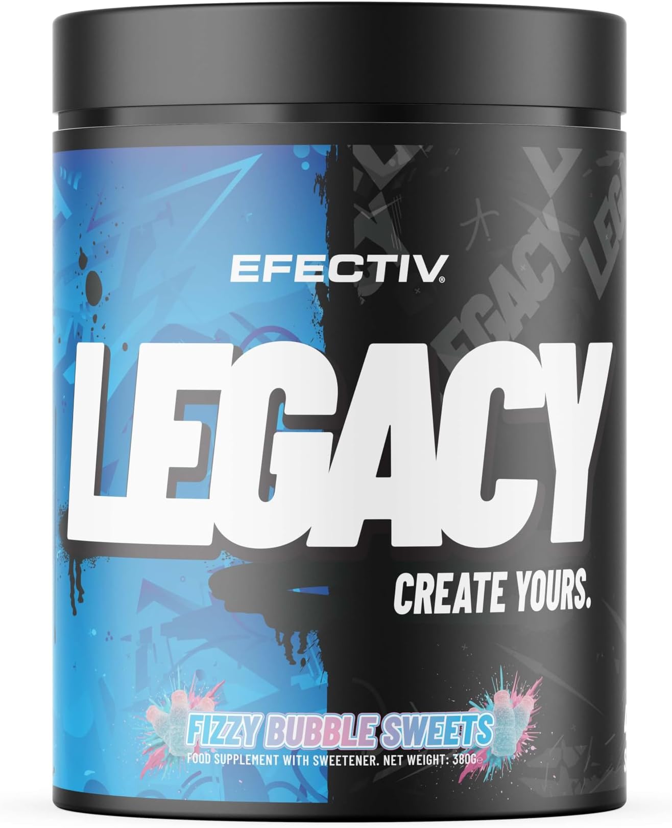 EFECTIV Legacy - High Caffeine Powerful 400mg Pre Workout Powder - 1000mg Total Stimulants - 380g - Fizzy Bubble Sweets Flavour - Suitable for Vegans & Vegetarians (40/20 Servings) - Made in The UK