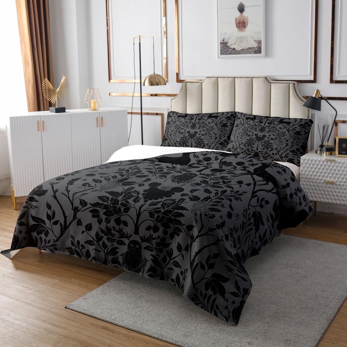 Erosebridal Victorian Damask Animal Print Coverlet Set Black Damask Queen Quilt Set, Vintage Antique Baroque Kids Bedspread Set Boho Flower Exotic Leaves Bed Set Bedroom Decor