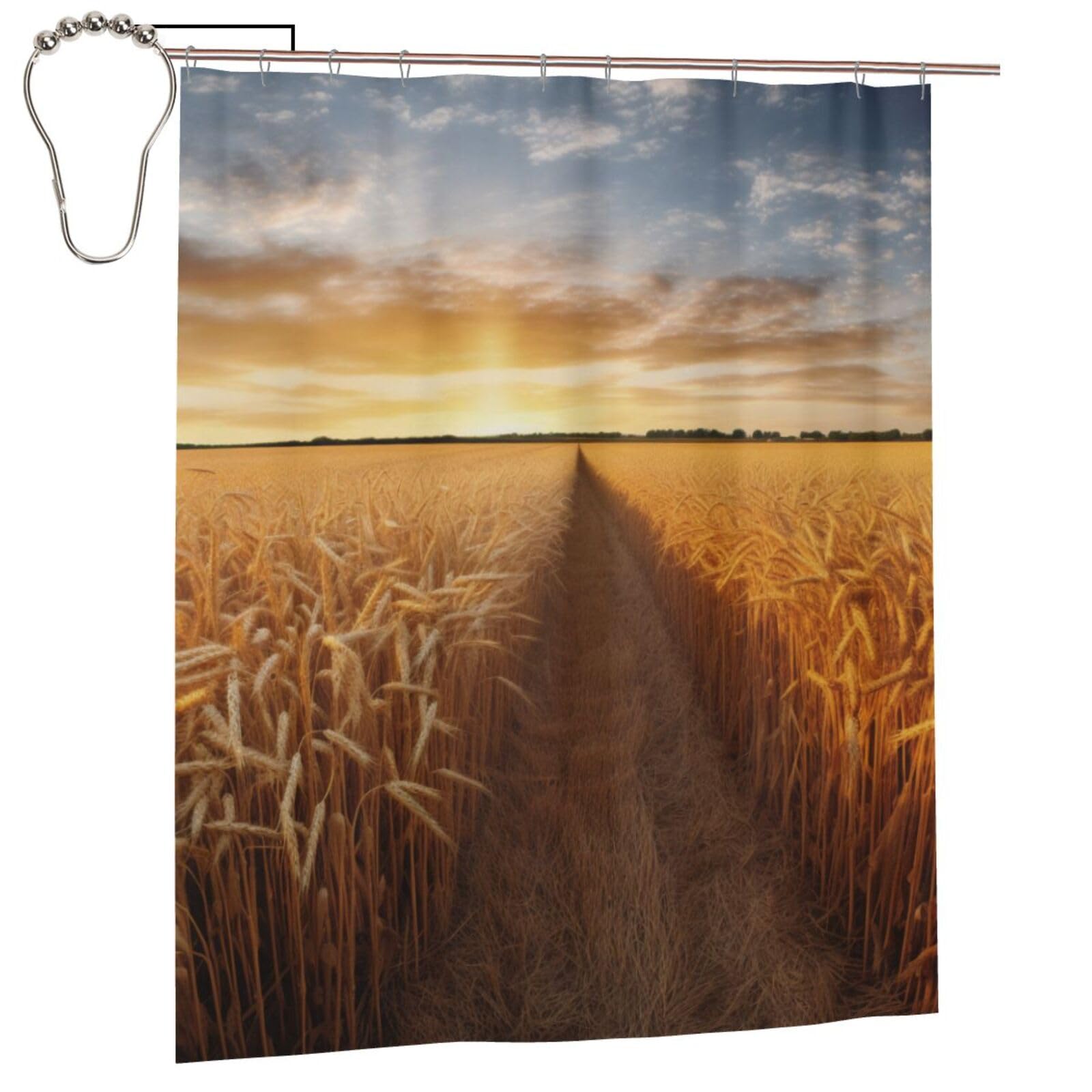 BWWHCCTI Golden Wheat Field Printed Shower Curtain With 12 Iron Hooks Opaque Quick Drying Waterproof Shower Curtains Sets For Bathroom 152x183 Cm