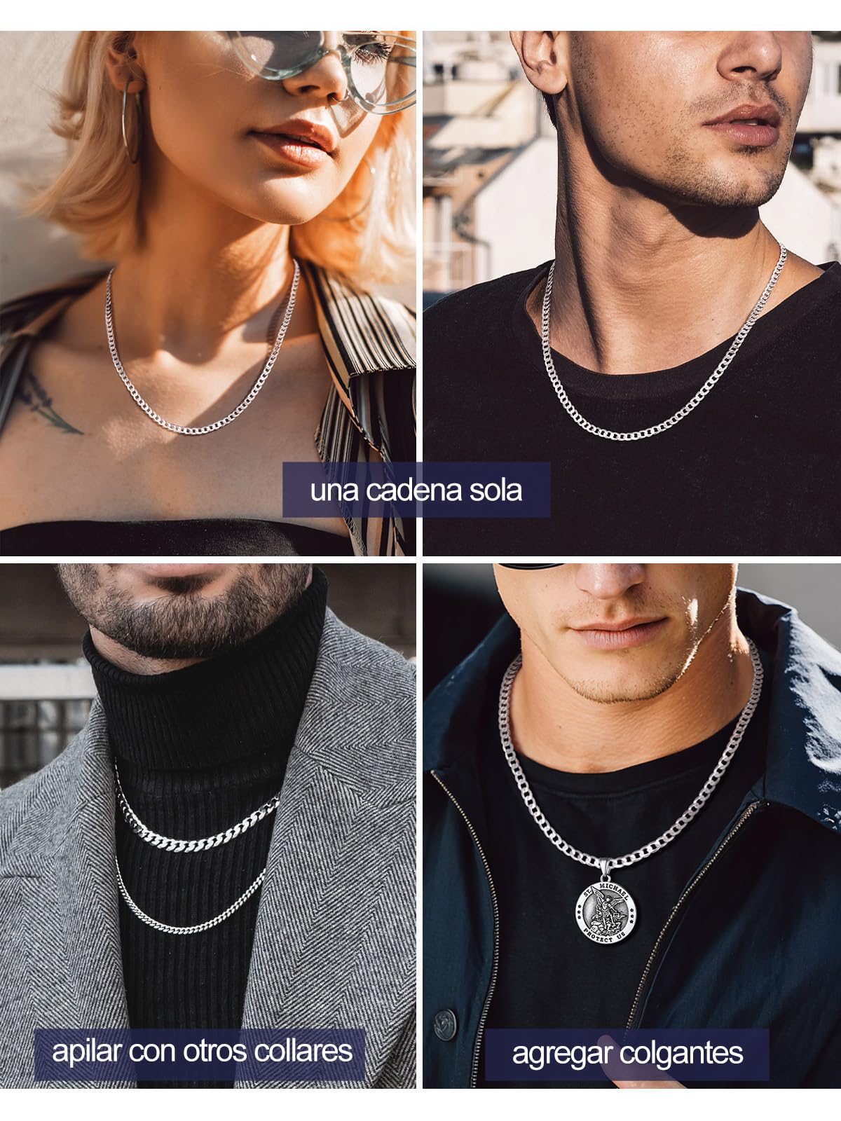 Bandmax Collar Cubano Cadenas Plata Accesorio de Camiseta Suéter, 36 46 51 56 61 66 71cm Largo, Unisexo Collares de Plata No Da Alergia