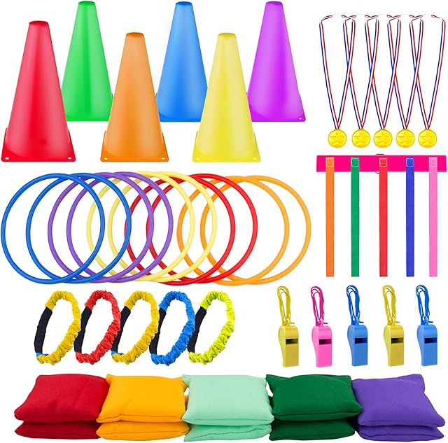 Icnow 43 Pcs 6 in 1 Ring Toss Game, Carnival Combo Set Bean Bags Throwing Games,Kids Play Equipment Set Outdoor Garden Party Activity Family Games Sports Day Games Supplies