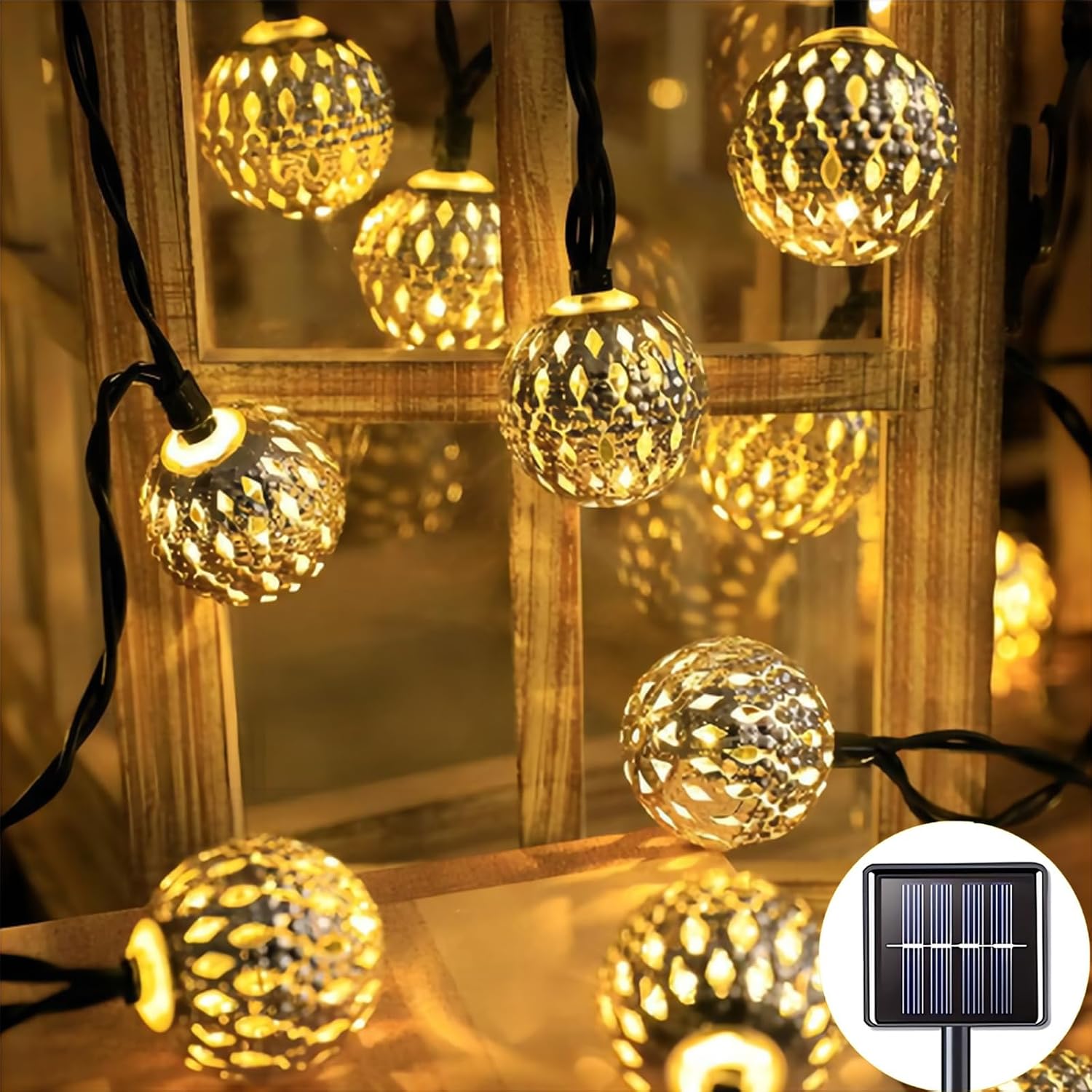 Guirnalda de Luces Solares Marroquíes 7M 50 LED con 8 Modos, IP65 Impermeable, Decoración Exterior para Jardín, Terraza, Fiesta y Boda (Blanco Cálido)