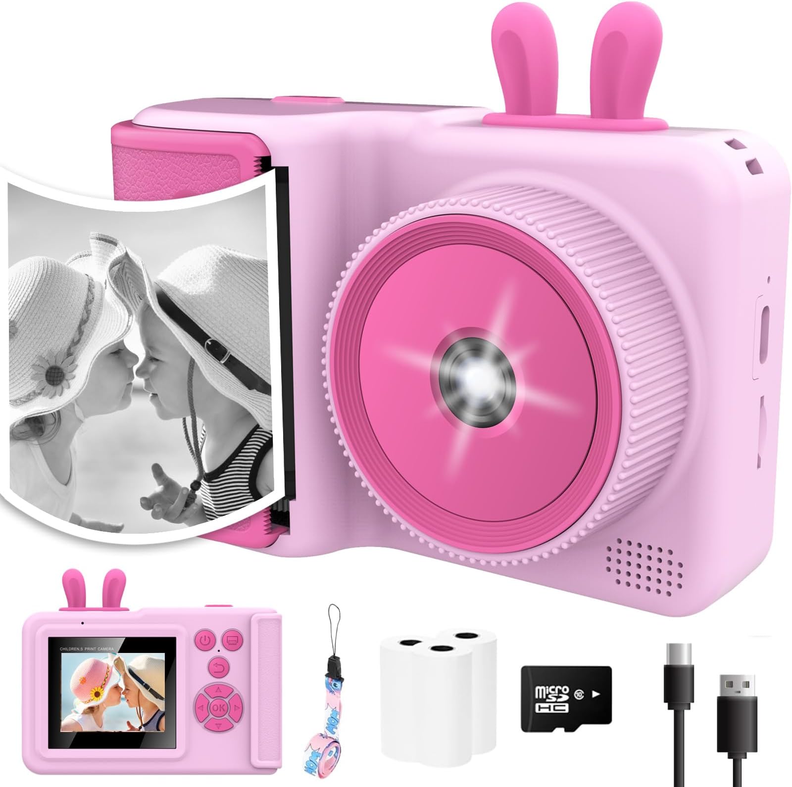 SSA Kids Instant Print Camera, 1080P Videos, Pink