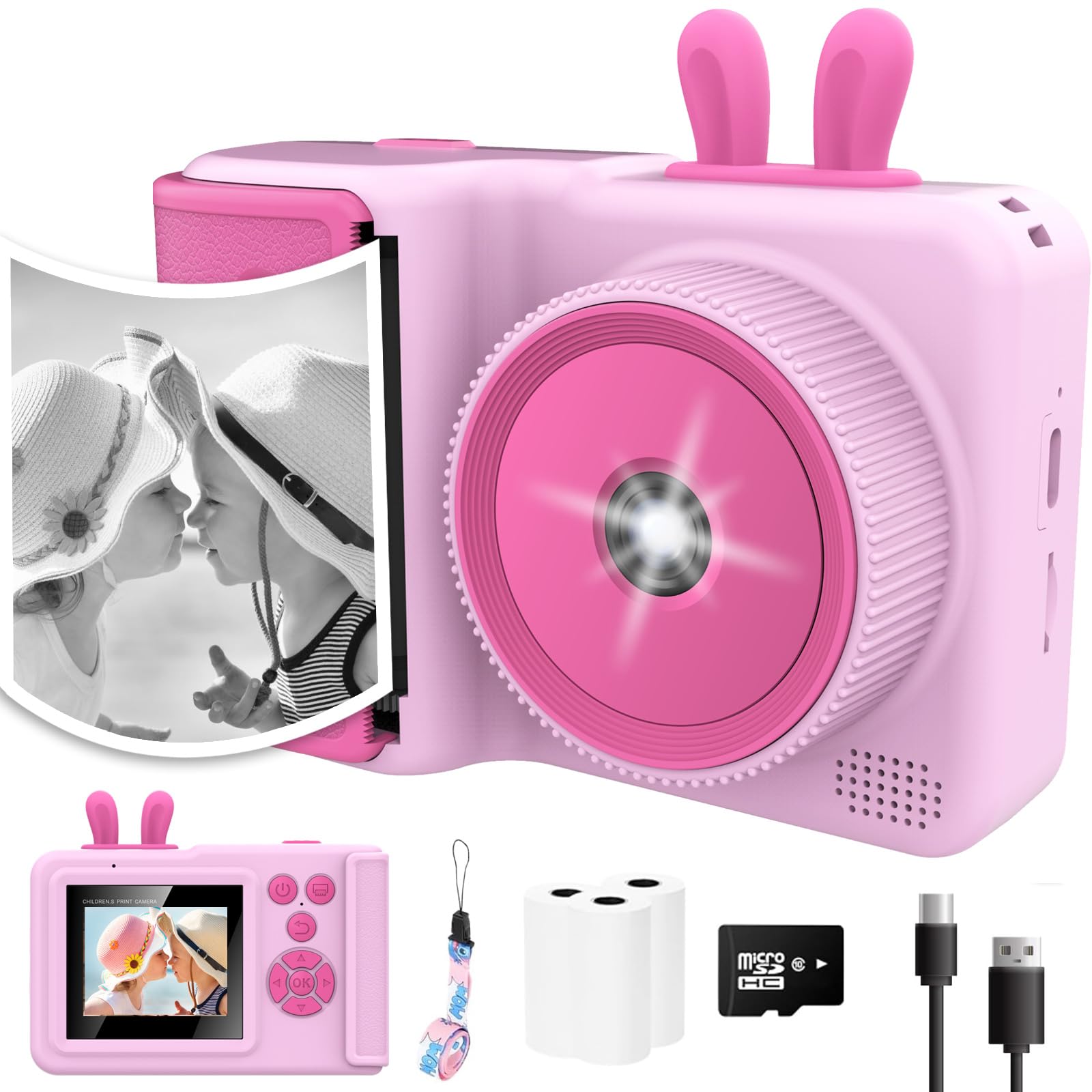 Kids Instant Print Camera,1080P Videos Digital Camera for Kids, Toddler Camera for Christmas Birthday Toy Gifts for Girls/Boys Age 3-12, Portable Kids Camera for 3 4 5 6 7 8 9 10 with SD Card (Pink)