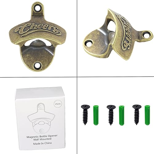 Miniatura 4 de Abridor magnético de botellas de cerveza Cheers para montar en la pared, con imanes, bronce antiguo, abridor de tapa de cerveza magnético (paquete