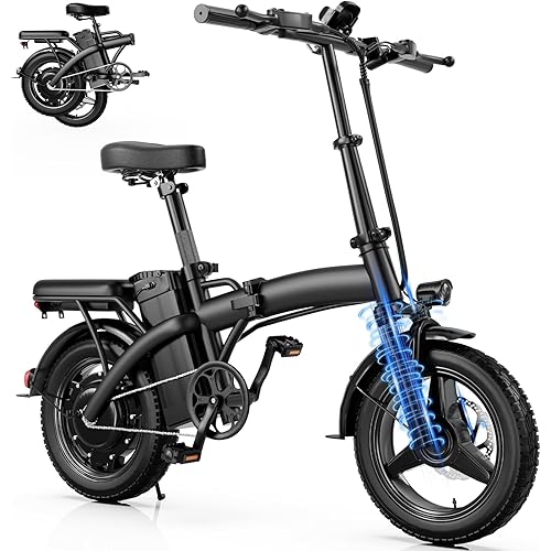Folding Electric Bike for Adults, 500W Motor, 23MPH, 14" Mini Ebike | Pedal Assist | 30° Uphill | Shock Absorbers | 48V12AH Removable Battery | UL 2849 | Dual Disc Brake | 38 Miles PAS Range