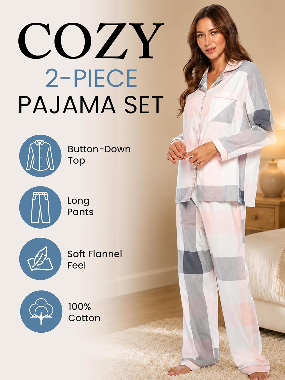 Casual Nights Women's Flannel Long Sleeve PJ's Button Down Sleepwear Pajama Set