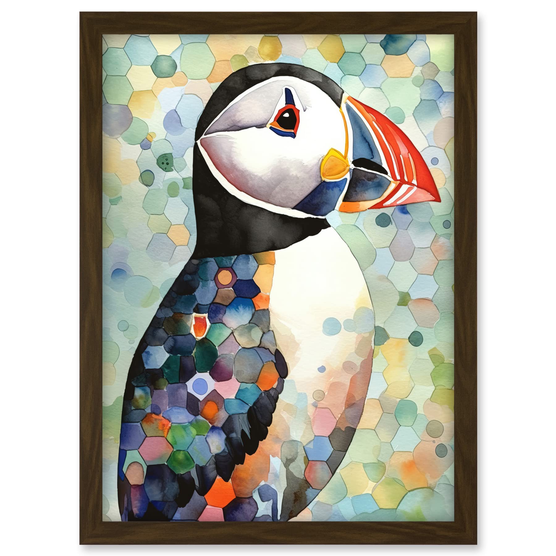 Artery8 Puffin Bird Portrait Pastel Colour Folk Art Artwork Framed A3 Wall Art Print