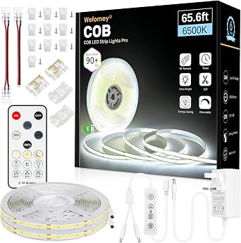 Wefomey COB LED Strip Light with Remote, 20M Dimmable 6500K Super Bright Daylight White Led Lights Strip, 24V Flexible LED Tape Light for Bedroom, Kitchen, DIY Lighting 2 Rolls of 10M [Energy Class E]