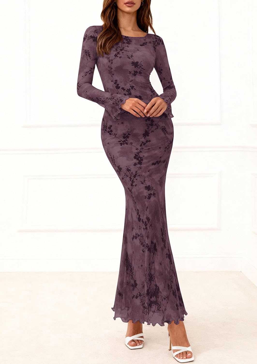 PRETTYGARDEN Women's Floral Bodycon Maxi Dress 2026 Spring Elegant Mesh Long Sleeve Formal Wedding Guest Cocktail Dresses - Image 3