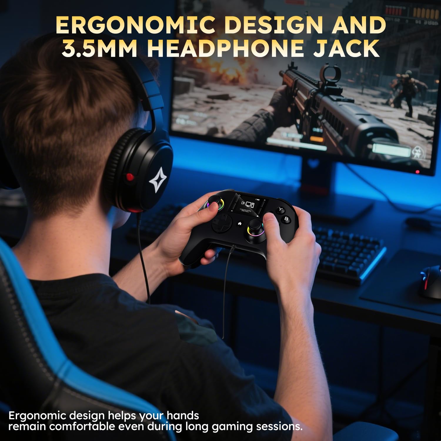 Wireless Gaming Controller with Interactive Screen, 4 Programmable Buttons, Turbo, 6-Axis Gyro, Dual Vibration, RGB Lighting, 1000mAh, for PC/PS4/Switch/Android/iOS