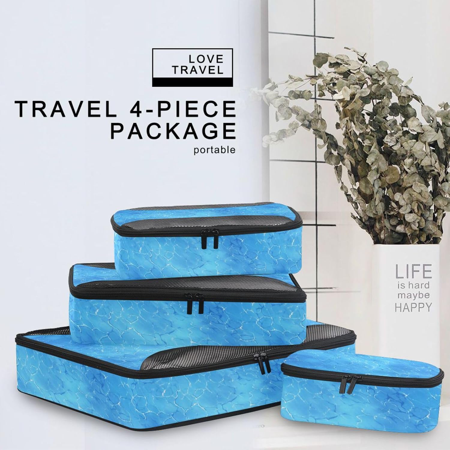 Blue Water Wave 4 Pcs set organizer for closet Mesh Travel Essentials portable packing cubes for suitcases