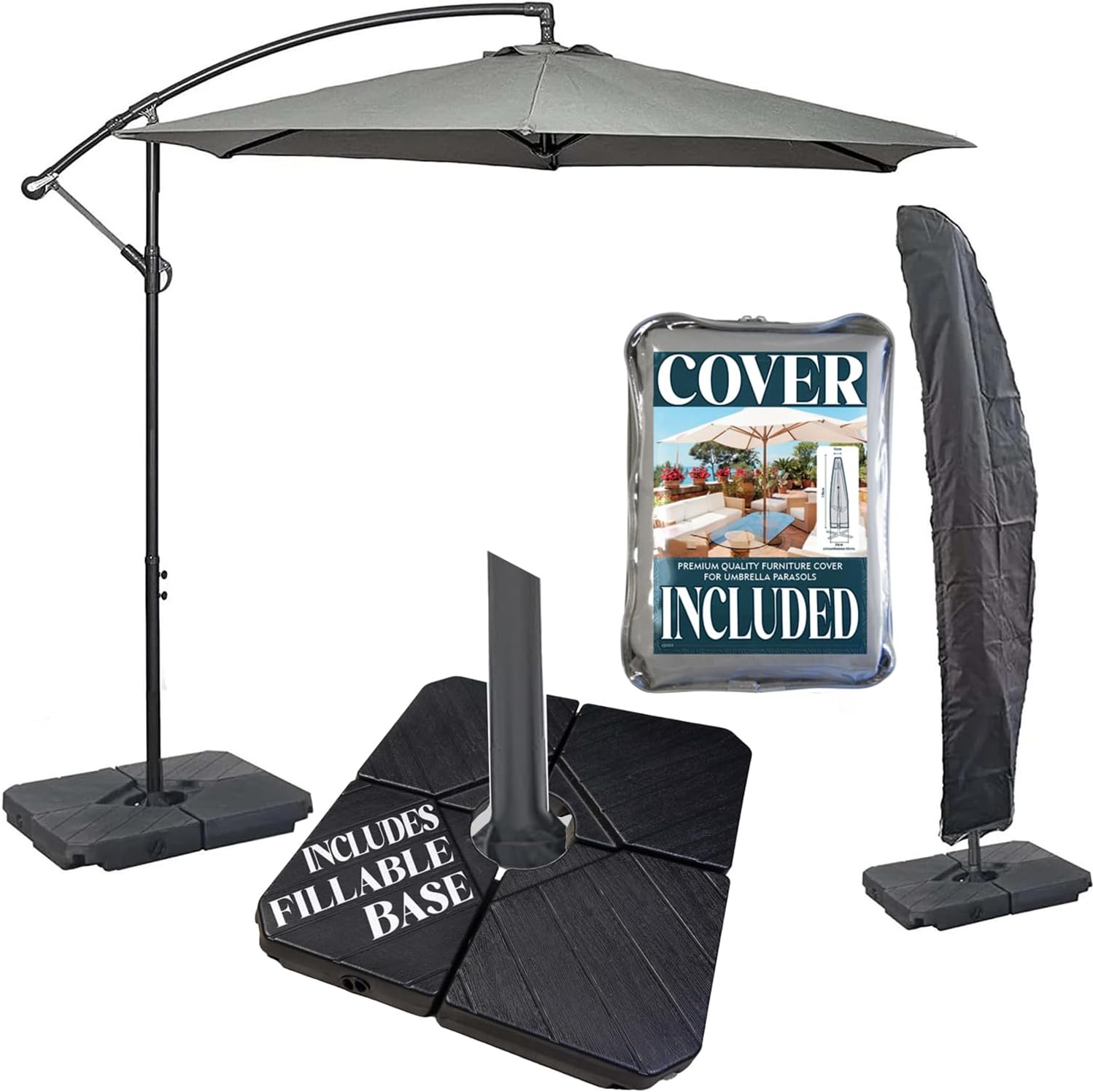 GardenCo 3m Cantilever Banana Parasol INCLUDES BASES & COVER – Hanging Parasol with Crank Handle – Outdoor Garden and Patio Sun Shade (Grey)