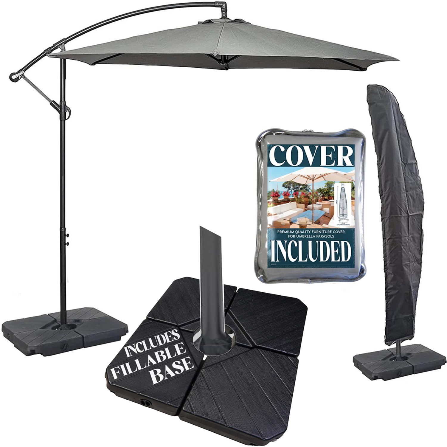 GardenCo 3m Cantilever Banana Parasol INCLUDES BASES & COVER - Hanging Parasol with Crank Handle - Outdoor Garden and Patio Sun Shade (Grey)