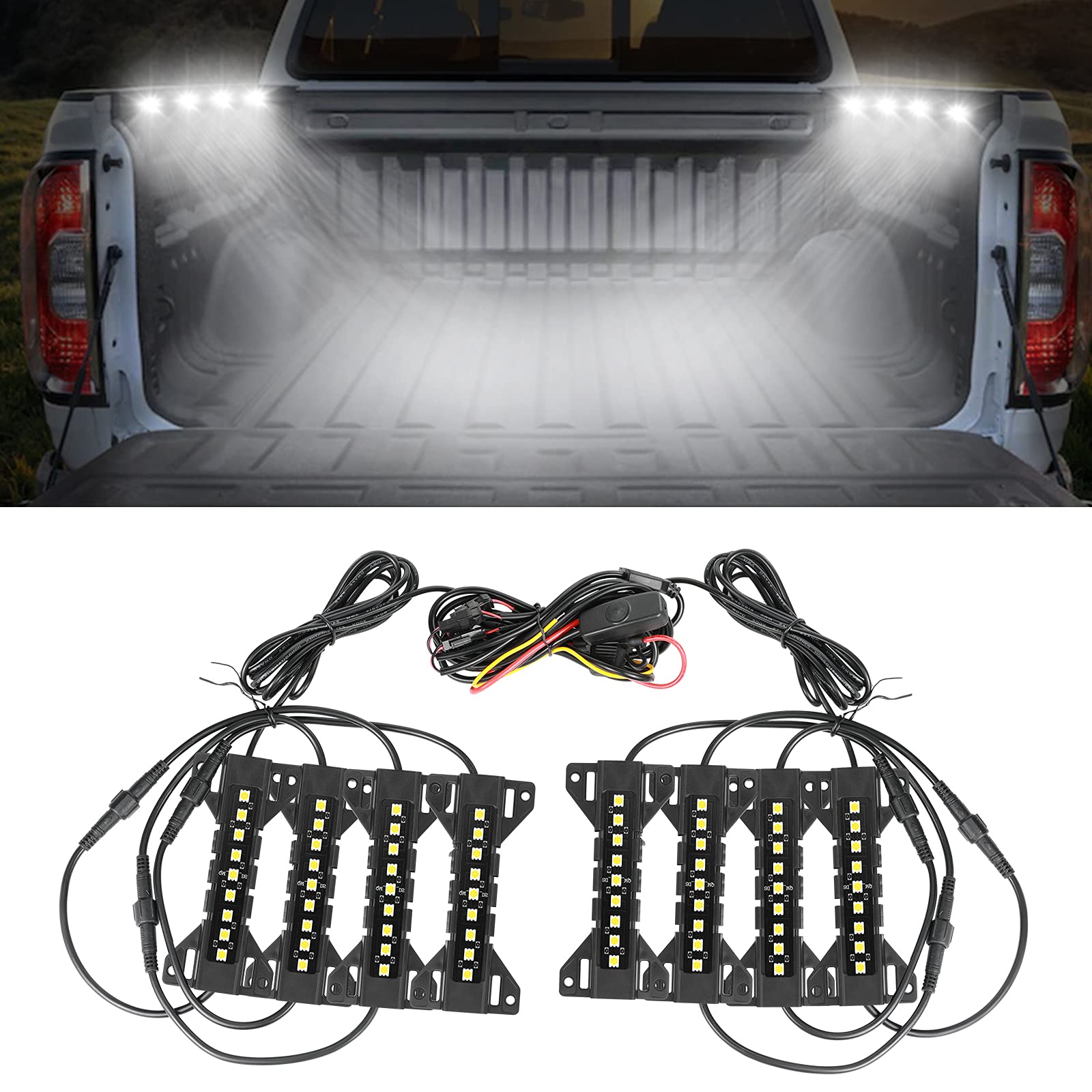 LTEODCHEW 8PCS Pickup Truck Bed Lights w Tailgate Switch Cargo Van LED Bed Lights Kit IP68 Waterproof Truck Rail Light - White