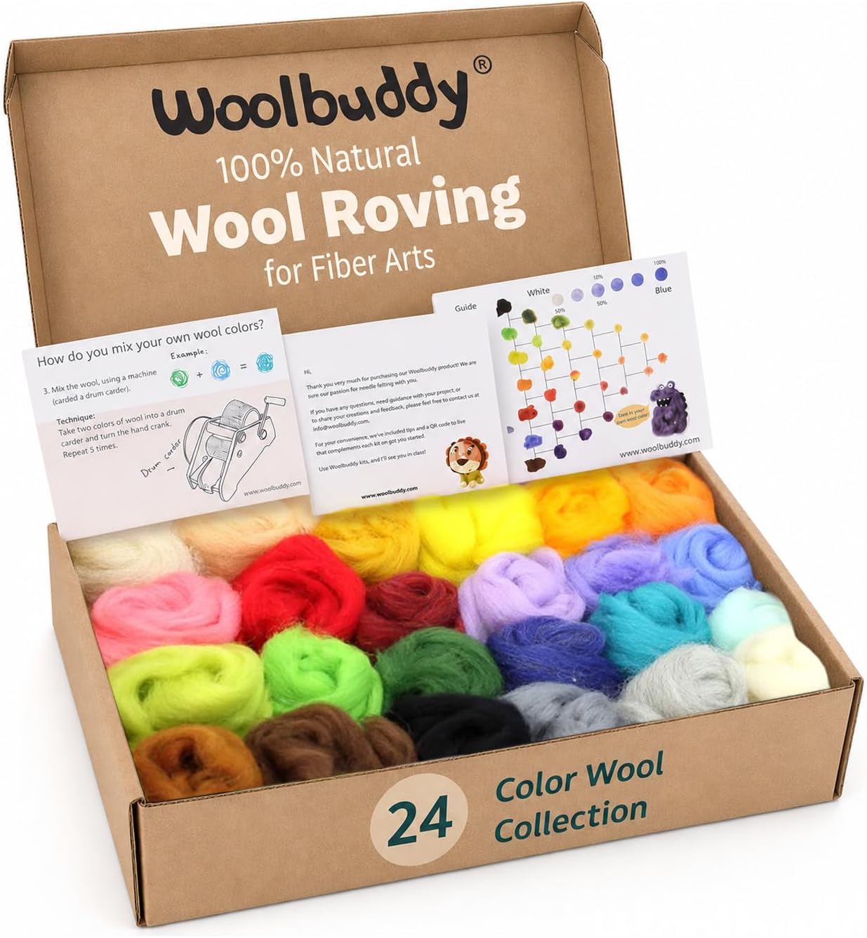 Woolbuddy Wool Roving Set for Needle Felting, 24 Colors Merino Wool Kit