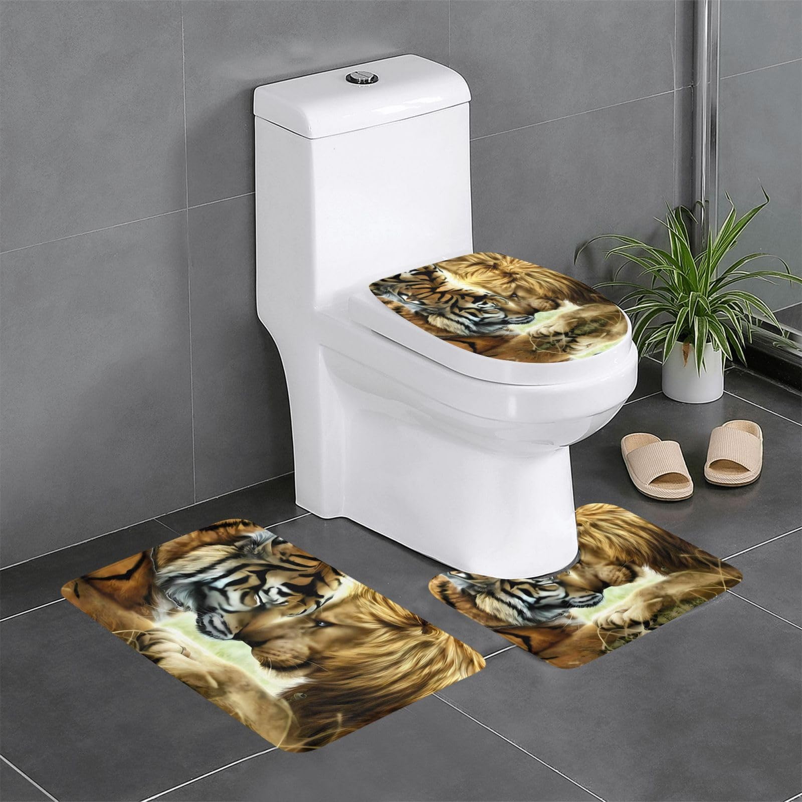 Tapis de bain absorbants Tigre et Lion Blancs (Lot de 3) pour salle de bain