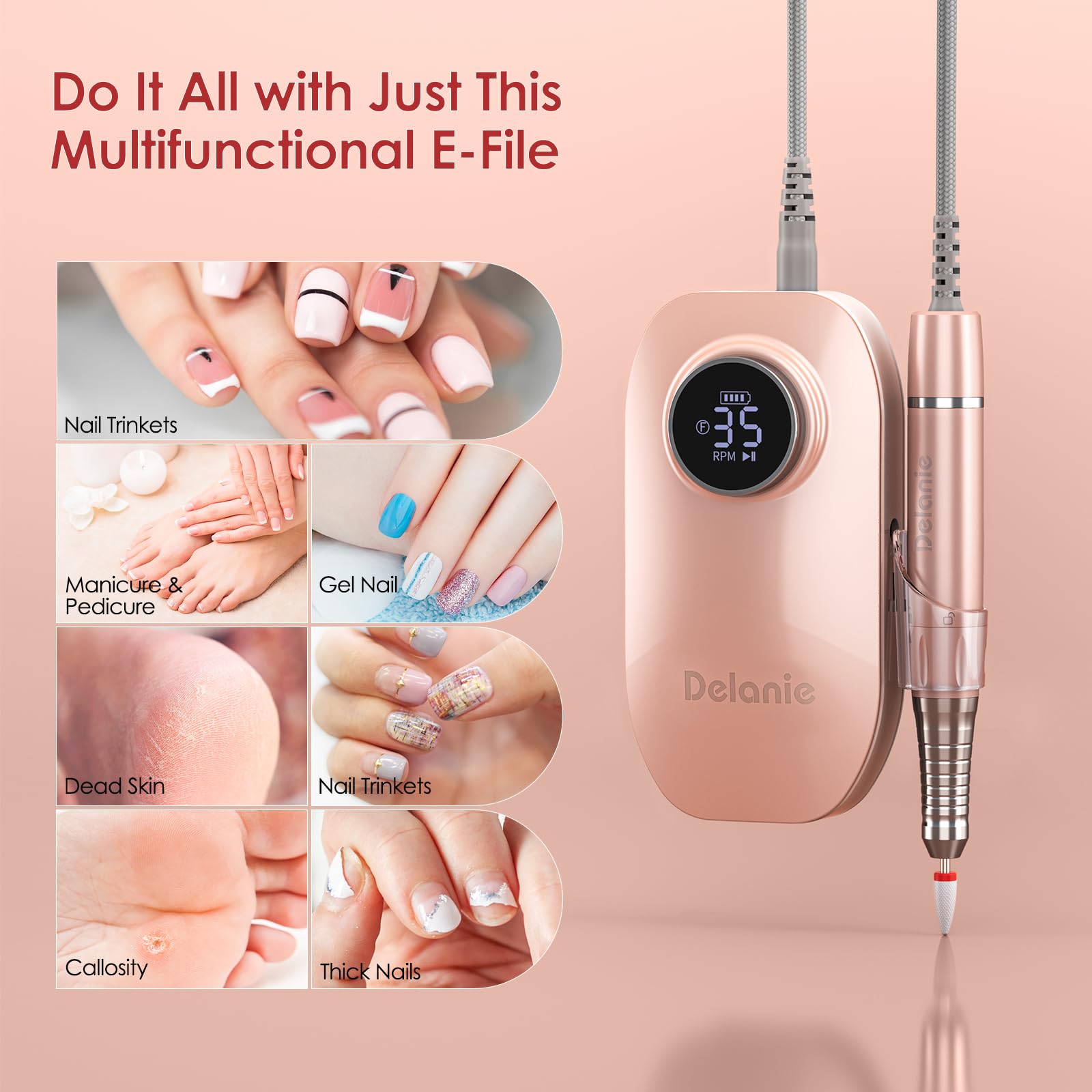 Delanie Torno para Uñas Profesional Inalámbrica 35000RPM con Motor sin Escobillas, Lijadora de Uñas Eléctrica Portátil con Base de Pausa Inteligente, Perfecta para la Sala de Estar/Hogar