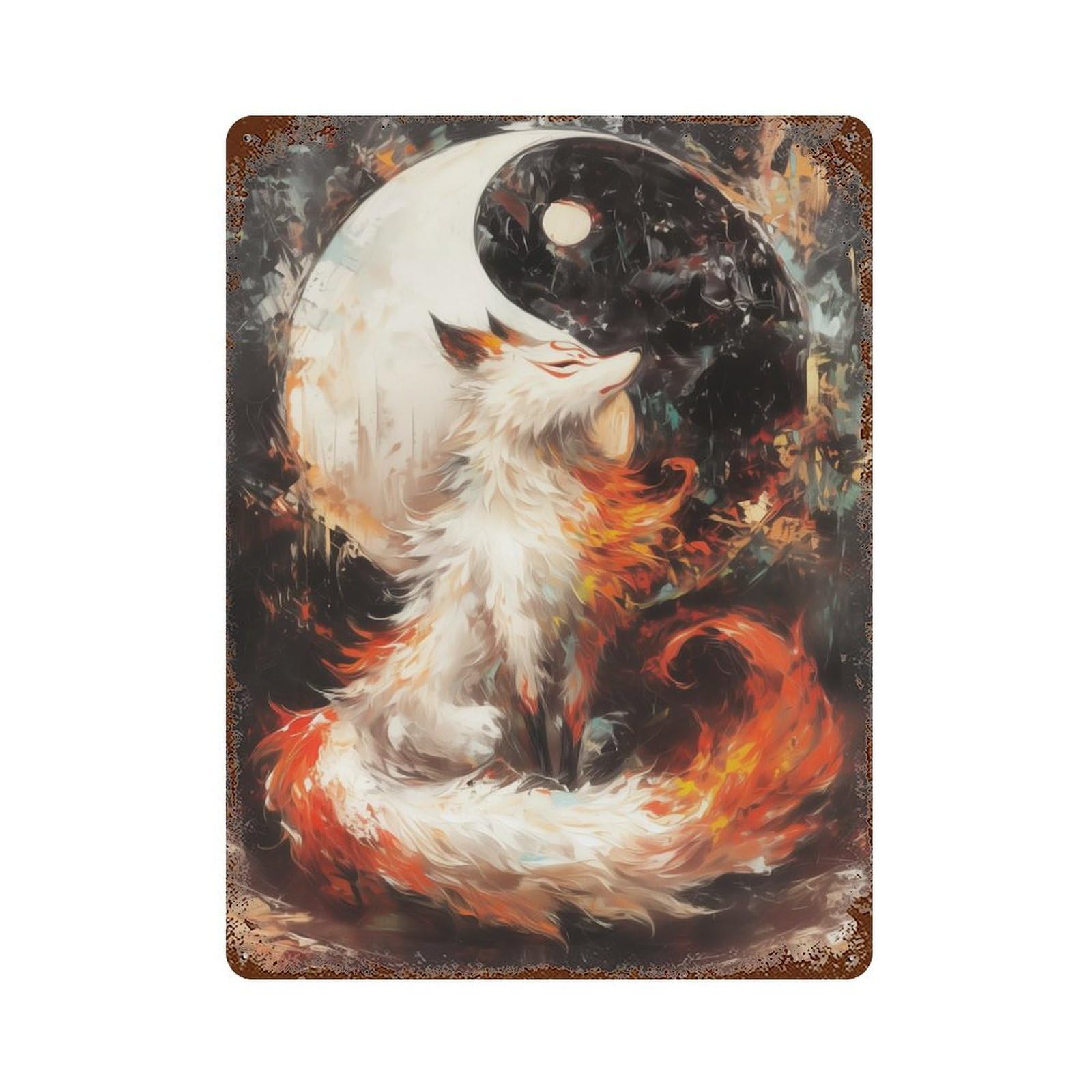 Kitsune And Yin Yang 15.7"x11.8" Rust Effect Tin Sign, Industrial Home Decor for Living Room, Hallway And Home Decor