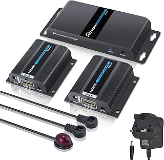 eSynic 1x2 HDMI Extender 3 port Splitter 40m Ultra HD 1080p HDMI Repeater with 2 Port HDMI Loop Out IR Remote HDMI Ethernet Network Extender over Single RJ45 Cat6 Cat7 Cables for Sky Box HDTV PS3 etc