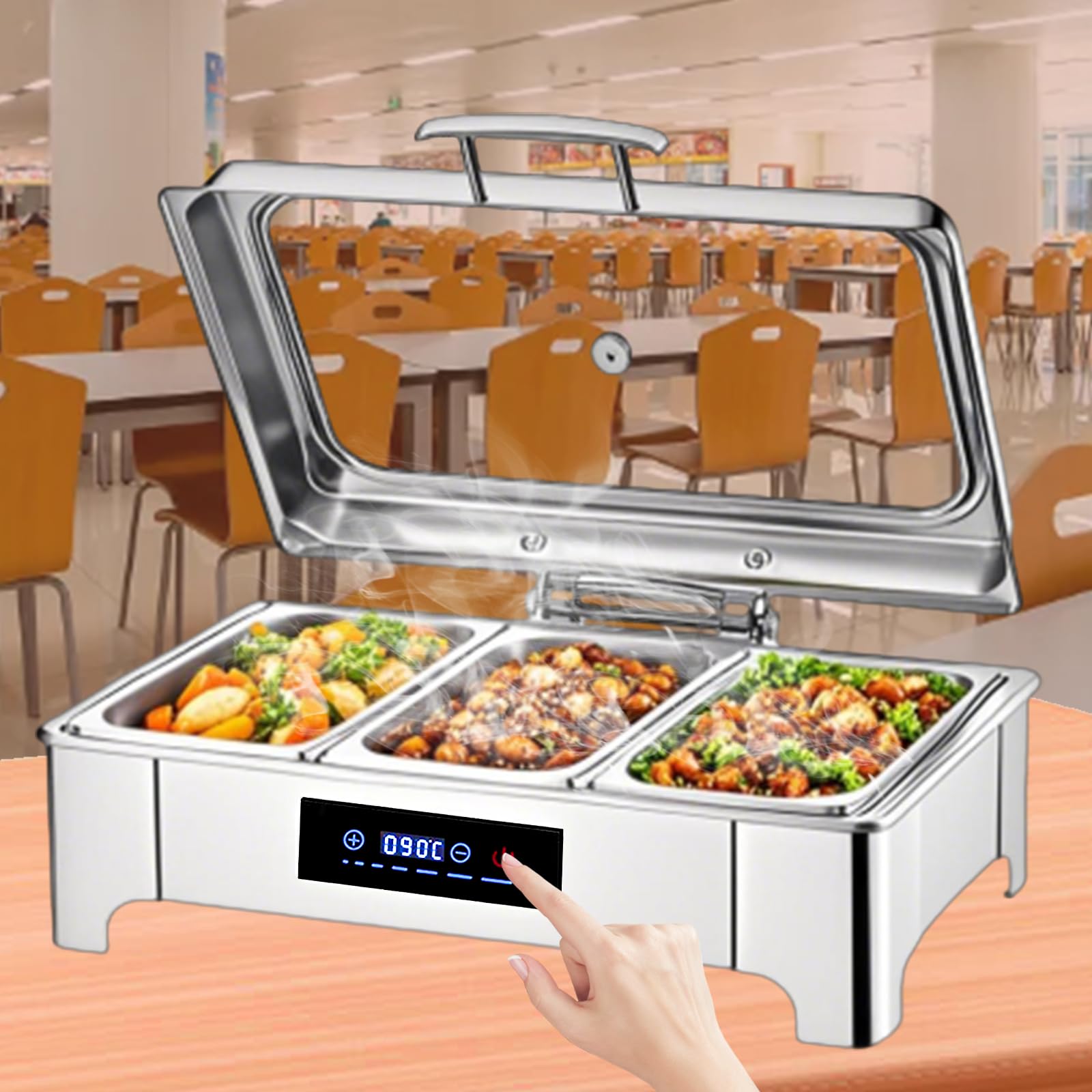 Chafing Dish Elettrico 9L, 35-85 ℃ Temperatura Regolabile(B,1/3 Pan) | 400W Professionale Scaldavivande Elettrico per Buffet, Acciaio Inox Contenitore Scalda Cibo per Hotel, Buffet, Ristoranti