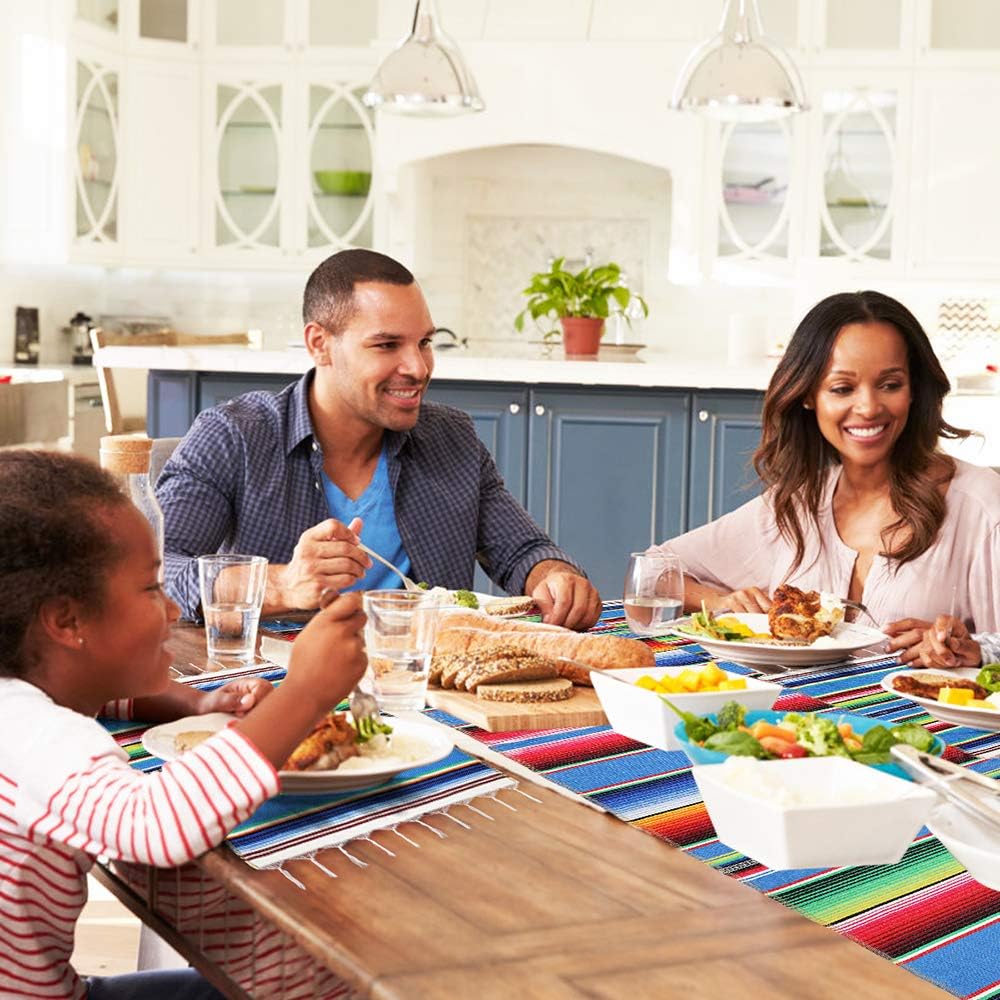 Mexican Table Runner with Place Mats(8 Pcs), Mexican Serape Assorted Place Mats Mexican Party Wedding Decorations, Fringe Serape Blanket Table Runner 14 x 84 inch (Blue Table Runner + 8 placemats)