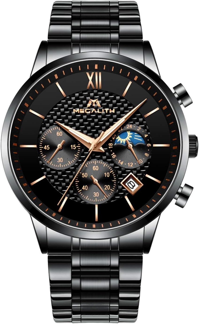 MEGALITH Mens Watches Men Military Waterproof Chronograph Date Black Stainless Steel Wrist Watch Classic Luxury Business Designer Moon Phase Quartz Watches for Men