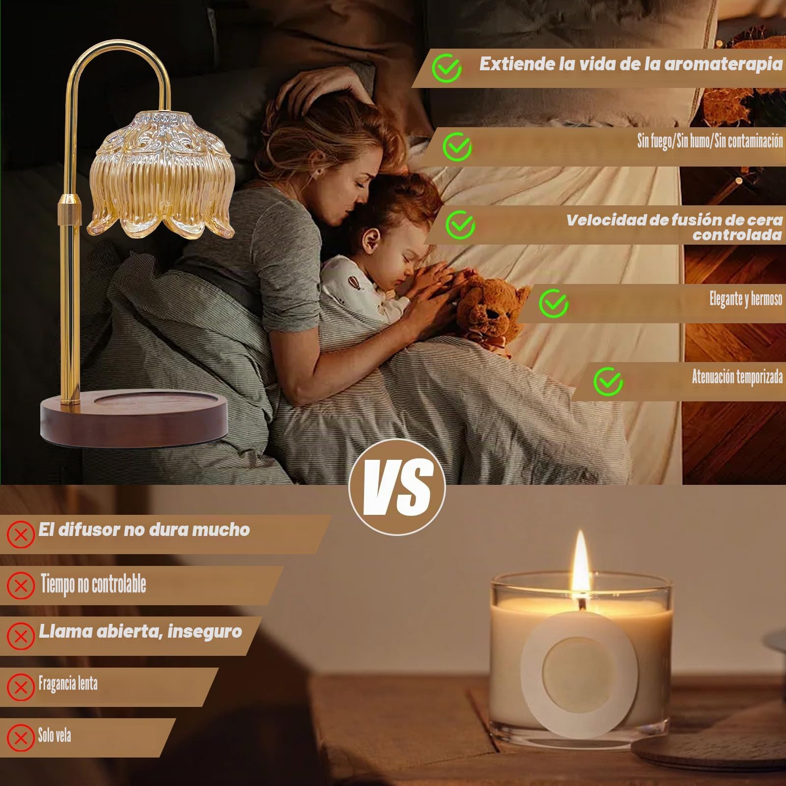 Lámpara de Vela Flor Regulable con Temporizador - Calentadora de Cera sin Llama de Altura Ajustable para Decoración