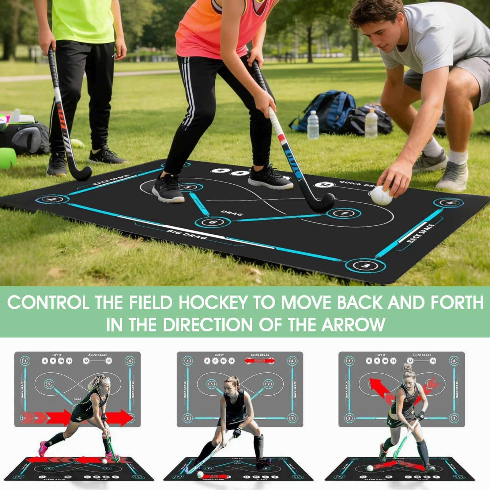 Esterilla de entrenamiento de hockey para interior y exterior, ayuda de entrenamiento de hockey, superficie antideslizante y silenciosa, accesorio de hockey para adultos y niños, 150 x 90 cm