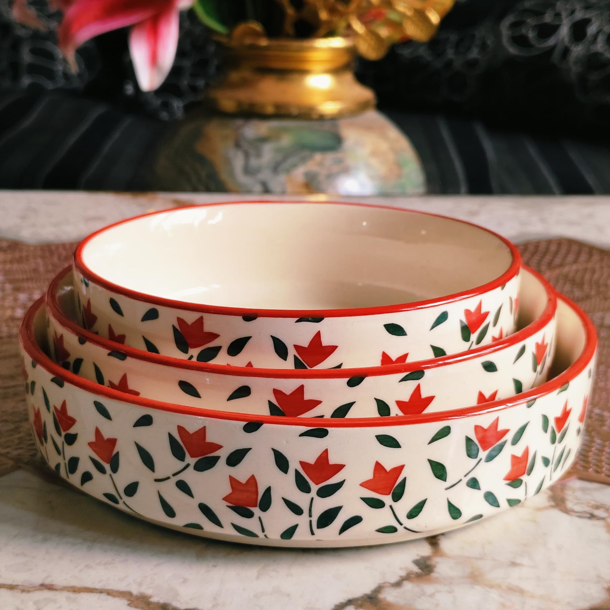 Niyara Stoneware Handmade Ceramic Stylish Premium Serving Bowls, Salad Tray Microwave Dishwasher Safe, Elegant Ceramic Flat Serving Bowl Set of 3, Sizes: 600ml, 500ml, 450ml (Red Floral Design) 1