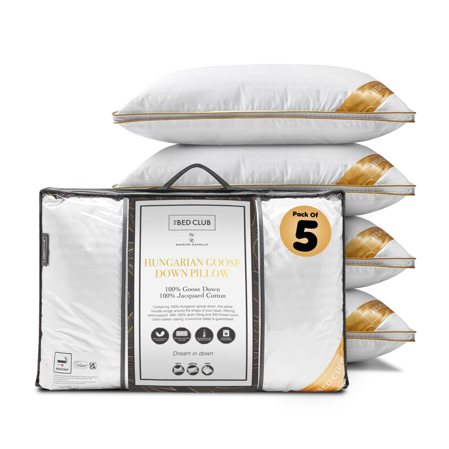 GC GAVENO CAVAILIA Hungarian Goose Down Pillow | Hypoallergenic Medium Neck Support Firm Pillow for Front & Back Side Sleeping With 100% Cotton Cover Bed | Pack of 5, 48x74 Cm