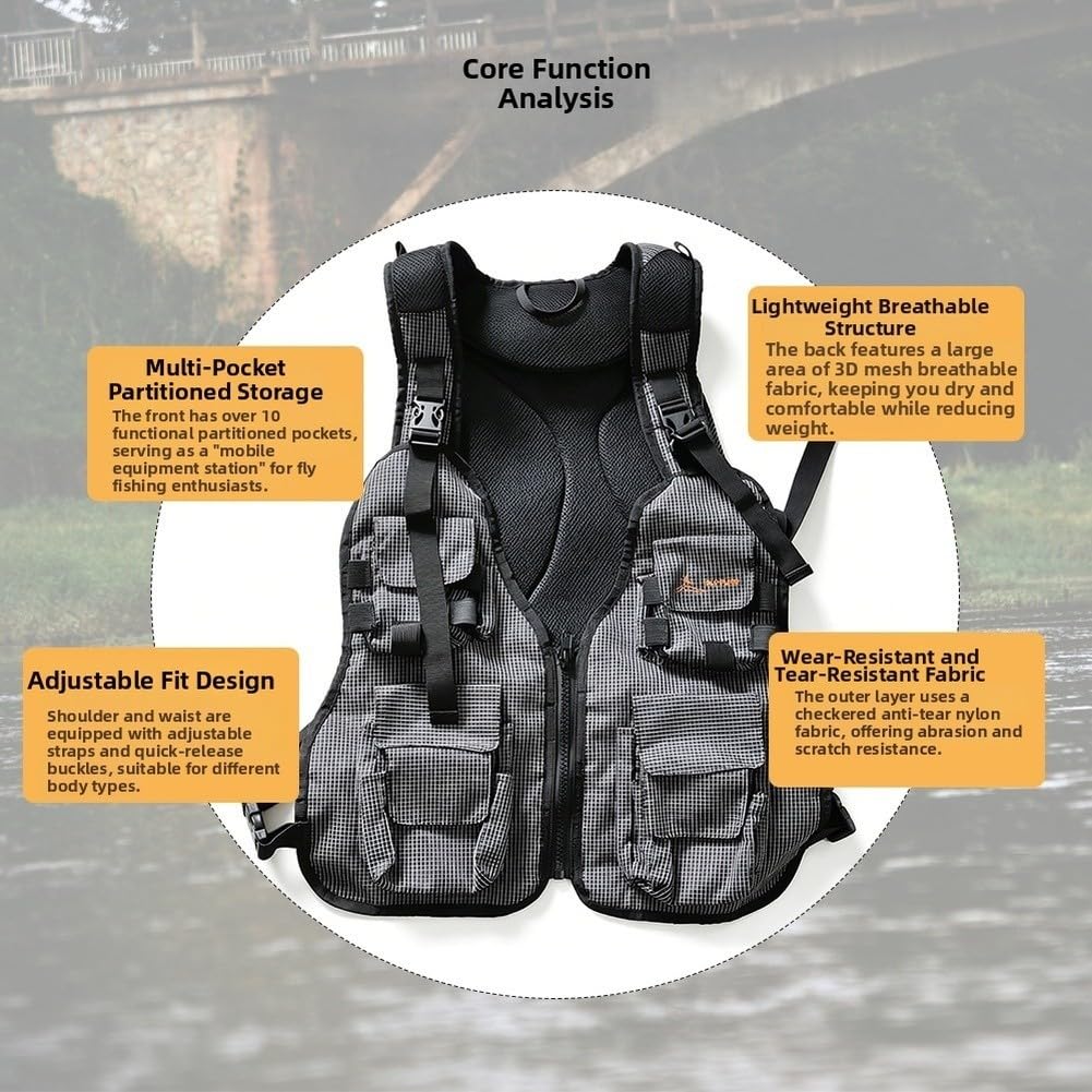 Gilet de pêche à la mouche en nylon avec bretelles réglables Noir Taille