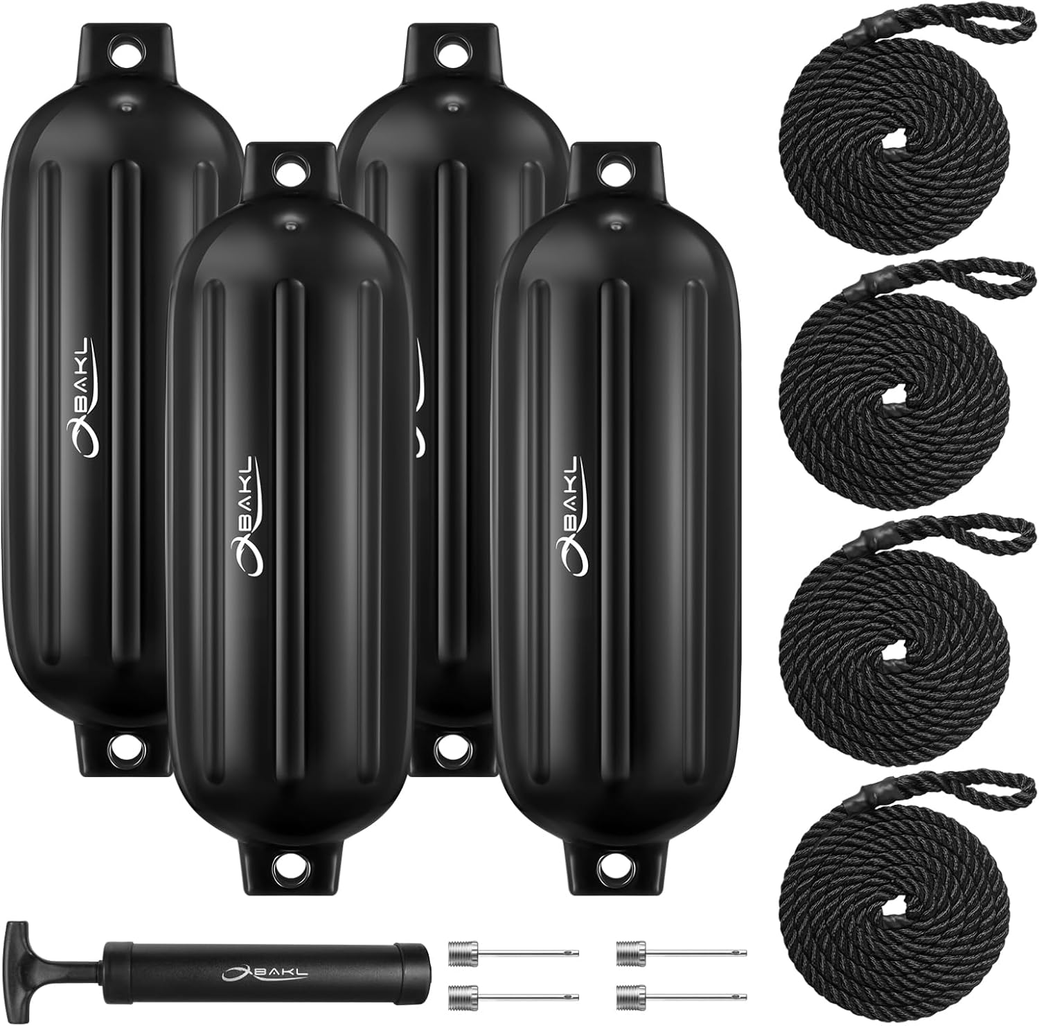 Boat Fenders 4 Pack 8.5 x 27 Inches Ribbed Twin Eyes Boat Fenders Bumpers for Docking, Comes with Ropes and Pump to Inflate