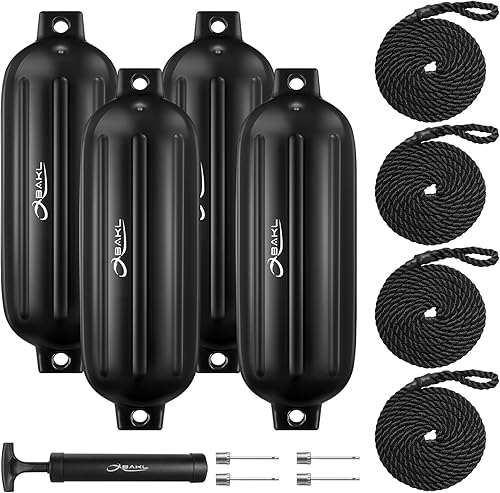 Miniatura 10 de Paquete de 4 defensas de barco de 8.5 x 27 pulgadas, acanaladas con ojos gemelos, parachoques para acoplamiento, viene con cuerdas y bomba para Azul