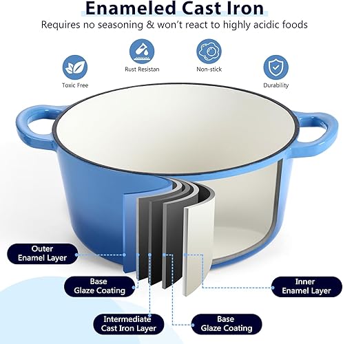 Miniatura 3 de E-far Horno holandés de hierro fundido esmaltado de 6 cuartos de galón con tapa, olla redonda holandesa antiadherente para estofar, guisos, asar,